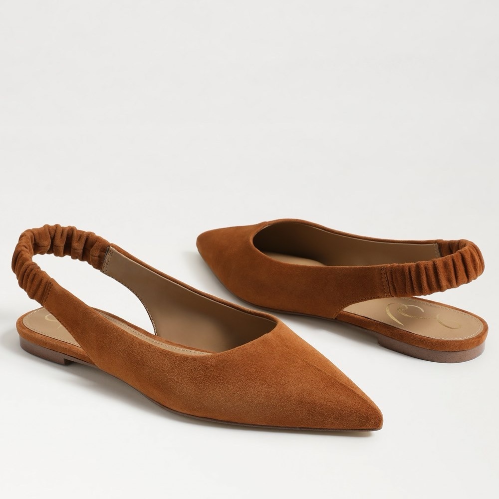 EUC San Edelman WHITNEY SLINGBACK POINTED TOE FLAT Tan Suede Leather Shoes